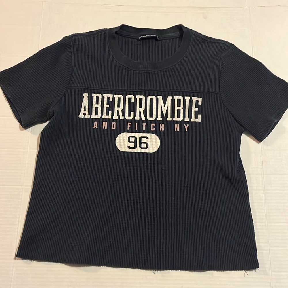 Abercrombie and Fitch-M-navy blue-waffle, knit, short sleeve, cropped, shirt.